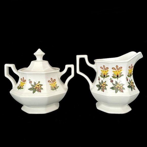 Vintage 1970s Johnson Bros. Persian Gargen Pattern Octogonal Sugar Creamer Set - Picture 1 of 10